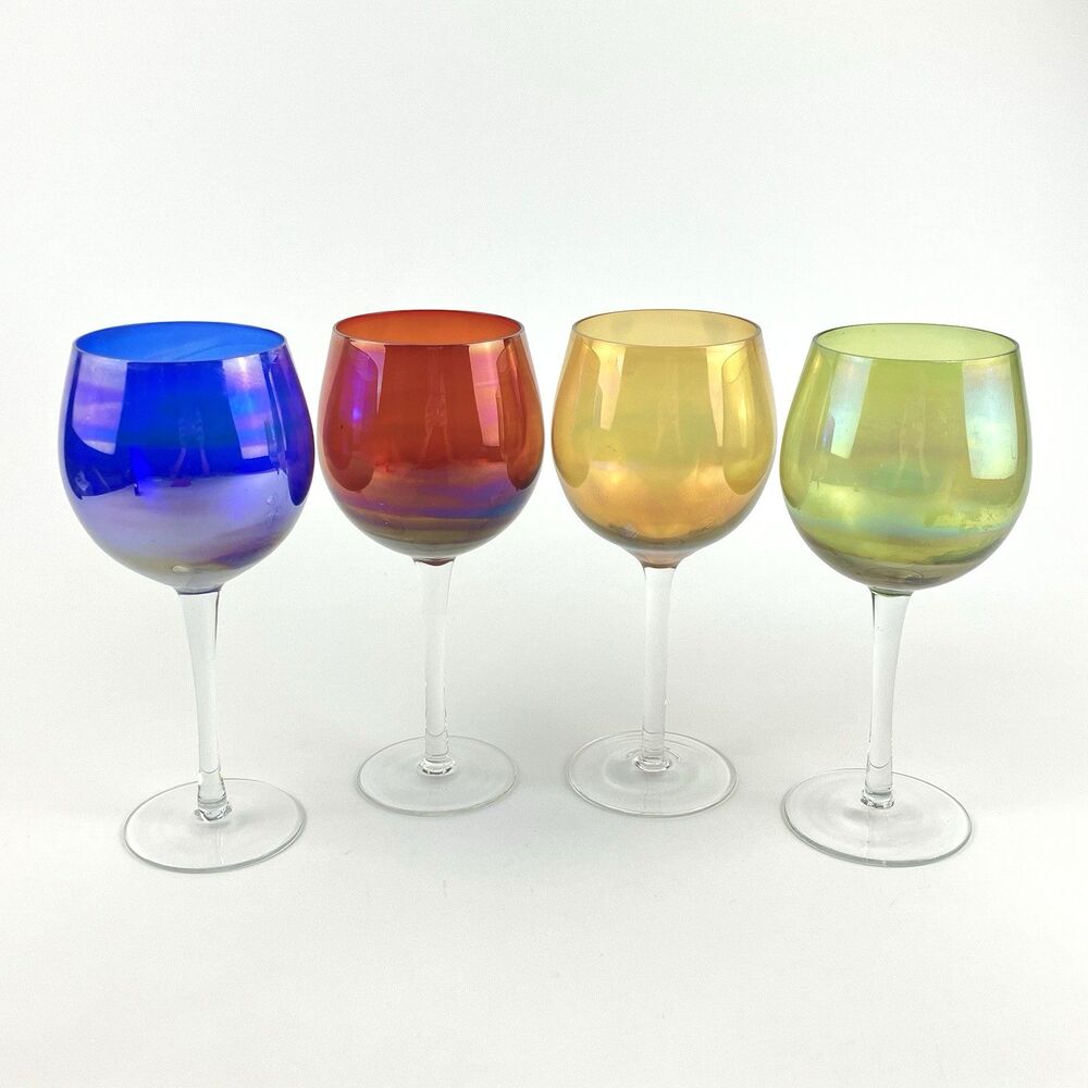 Set of 4 Colored Wine Glasses Various Colors Goblet Iridescent 8-1/4β